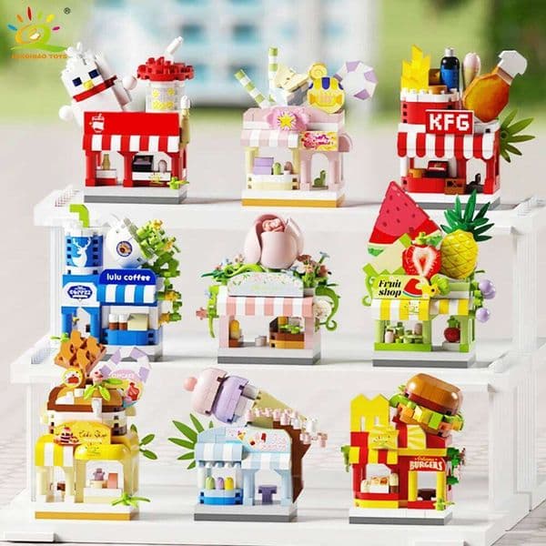HUIQIBAO MOC Street Shop model Micro Building Block Burger Fried Flower Model Mini Brick Toy for Children Desk Decoration W260108