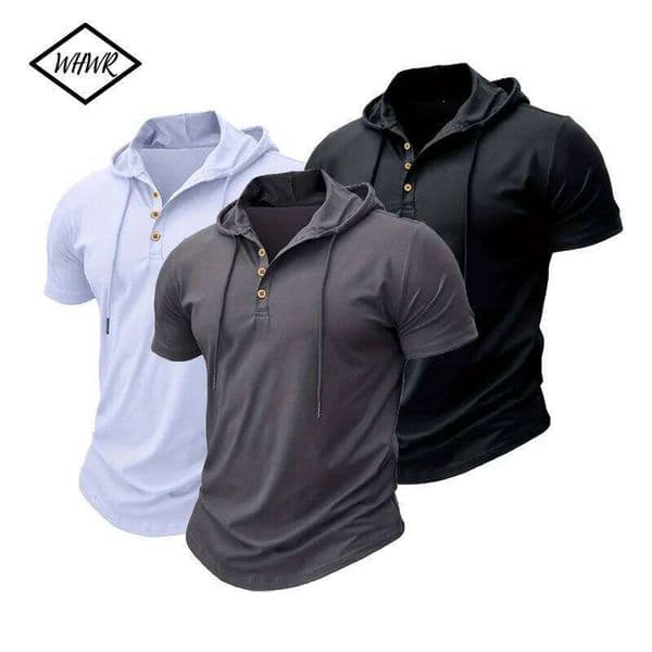 New men's summer hooded T-shirt Henry Collar Shirts Solid Color Top Casual Fashion Men's Short Sleeve