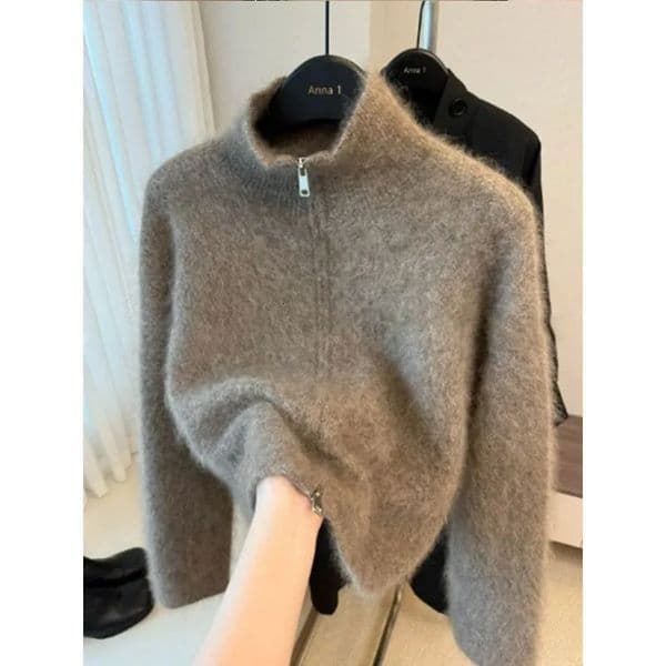 Maillard Brown Mohair Zipper Knitted Cardigan Jacket for Women in Autumn and Winter Loose Soft Top 260108