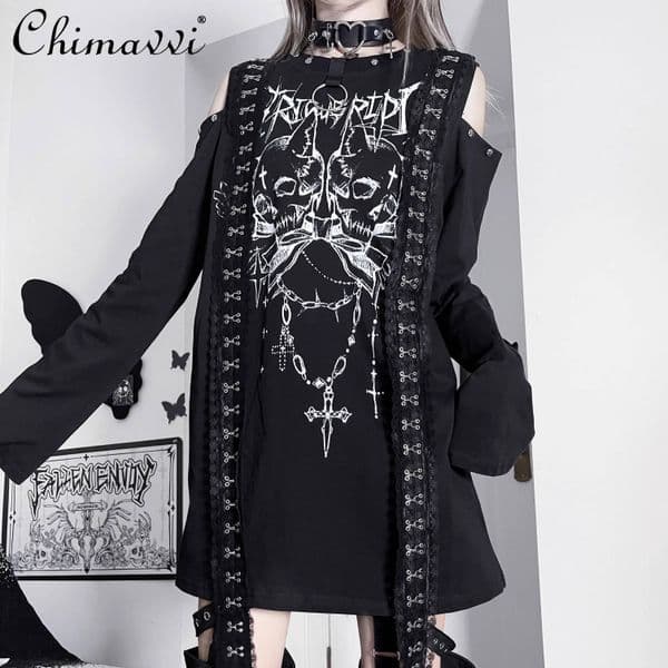 Bestseller Original Gothic Printed Subculture T-shirt Top Spring New Japanese Punk Dark Girl Loose Long-sleeved Off-the-shoulder Tshirts ddmytues