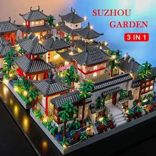 Suzhou Blocks 1800+Pcs Classic Chinese Garden Mini Block Traditional Architecture House Assembled Bricks with LED Light W260108