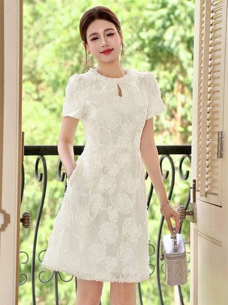 Bestseller Women Clothes Floral Embroidery Pearl O-Neck Slim A-Line Mini Short Dress Elegant Lady Fashion Party Prom Vestidos Casual Summer ddmytues