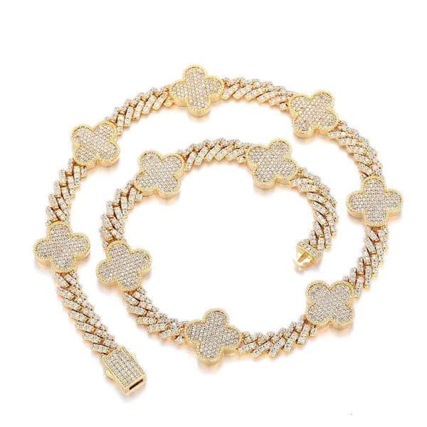 HipHop 8mm 3A Flower Bracelet and Necklace Set VVS Moissanite Diamond 925 Clover Cuban Men's Jewelry Chain
