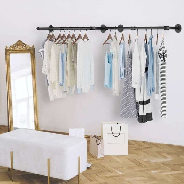 Clothes Rail Set of 2 Industrial Pipe Metal Coat Hanging Rack Wall Mounted 26T0109