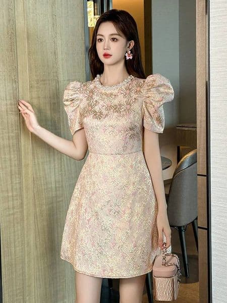 Bestseller Summer Fashion Casual Floral Print Pearl O-Neck A-Line Short Dress Women Clothes Retro Sweet Puff Sleeve Slim Party Prom Vestido ddmytues