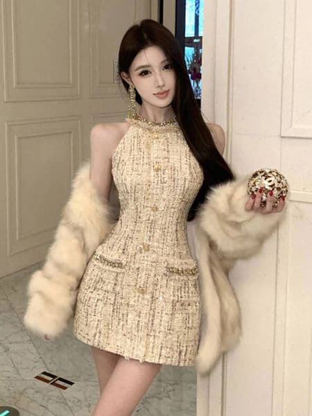 Bestseller Retro Tweed Sexy Halter Slim Mini Dress Women Sparkle Bright Silk Bodycon Short Vestido Formal Party Cocktail Mujer Lady Clothes Ddmytues