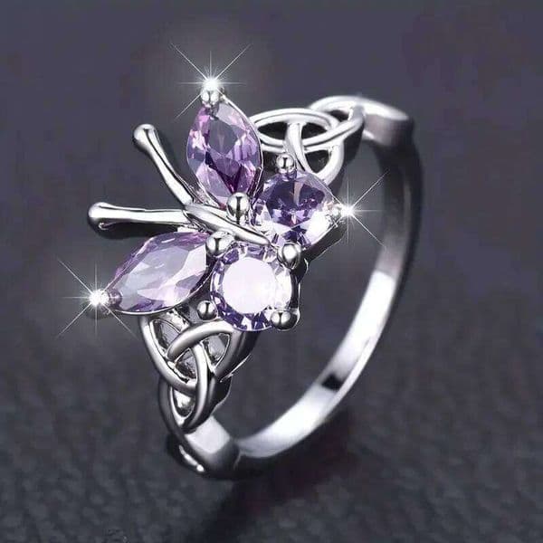 Jewellery Ring Designer 925 Sterling Silver with Purple Zirconia Butterfly Charming Aesthetic Band for Daily Wear and Special Occasion Gift High Quality
