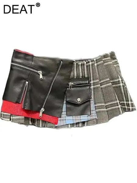 DEAT Womens Denim Skirt High Waist Pu Leather Patchwork Plaid Irregular Wrap Hip Mini Skirts 2026 Summer Fashion 29L7565 260109BJ