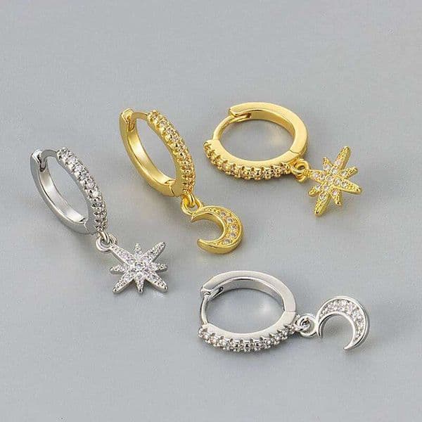 925 Sterling Silver Earrings for Women Geometric Shinning Gold Star Moon Earring Fashion Jewelry Gift Party Wedding pendientes