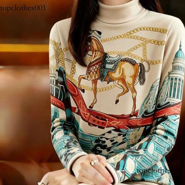 SANRAN De Rong Thermal Printed For Women, Autumn And Winter New Style, Elegant Mom's Wear, Loose Fit, Plus Size, Half Turtleneck Pullover Base Shirt