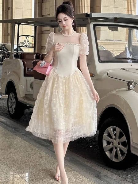 Bestseller Women Clothes Gown Evening Sweet Lace Floral Sexy Puff Sleeve Corset A-Line Dress Elegant Luxury Fashion Party Prom Vestido New Ddmytues