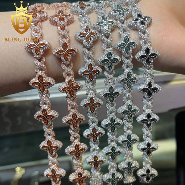 15mm 4 Clover Flower Cuban Bracelet Rose Gold Men Charms for Jewelry High Quality 925 Sliver Black Green Orange Moissanite