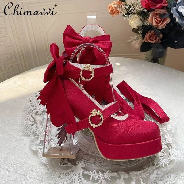 Ddmytues Original Princess Round Toe Transparent High Heel Waterproof Platform Mary Jane Shoes Sweet Bow Satin Elegant Lolita Pumps
