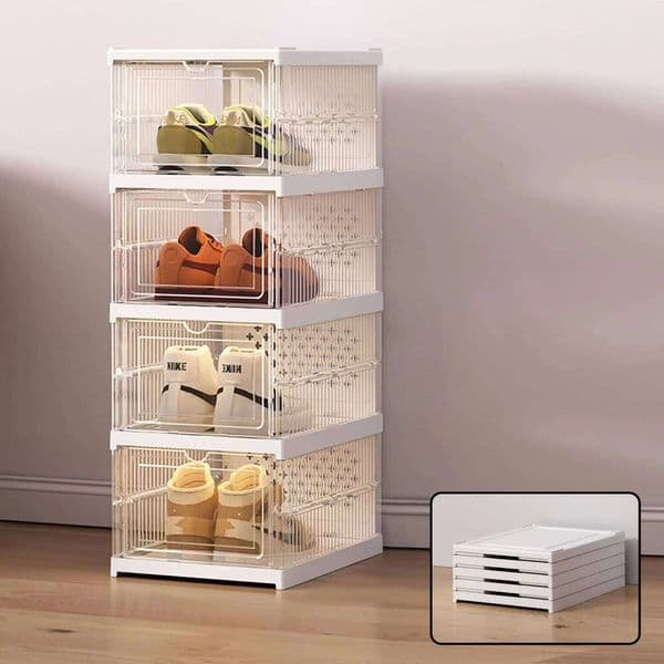 Shoe Organizer Storage Box for Closet with Overall Connected Large Clear Bins Foldable and Modular Versatile Multi-Use Rack 26H0109