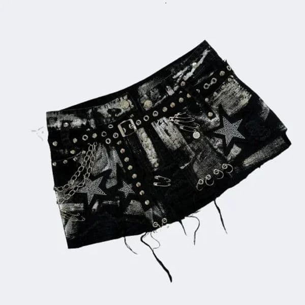 Y2K Gothic Retro Black Denim Skirt Harajuku Star Graphic Rhinestone Rivet Mini Sexy Girl Slim Low Waist Hip Skirts 260109BJ