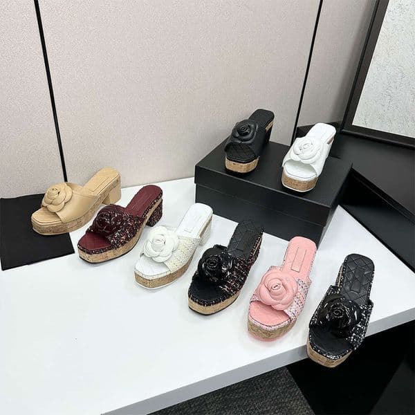 Designer Women Floral Leather Backless Mules 4.5 cm High Heel Slip On Thick Sole Summer Sandals Shoes Size 35-42