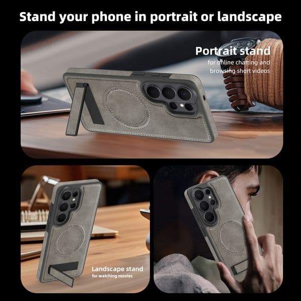 luxury Leather Magnetic Case for Samsung Galaxy S22/S22Plus/S23Plus/S24/S24Ultra/S25Ultra/S26Ultra MagSafe Compatible Shockproof Case with Built in Kickstand