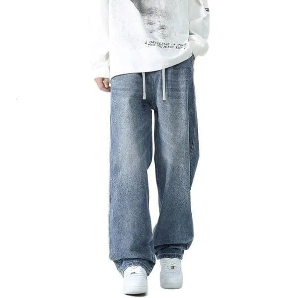 Mens Loose Retro Jeans Washed With Spring And Autumn Fashion High Street Wide Leg Straight Casual Trend Blue Pants 260108
