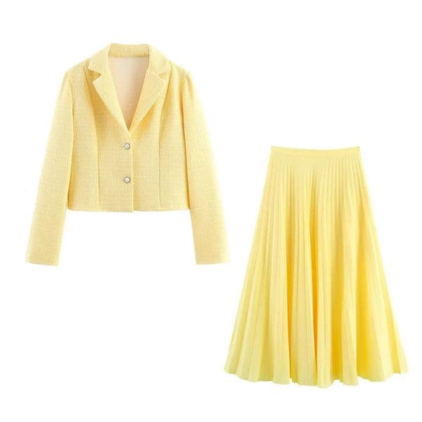 Autumn Gentle Two Piece Skirt Set Intellectual Beauty Suit Jacketpleated Twopiece Work Office Lady Tweed Jacket 260108