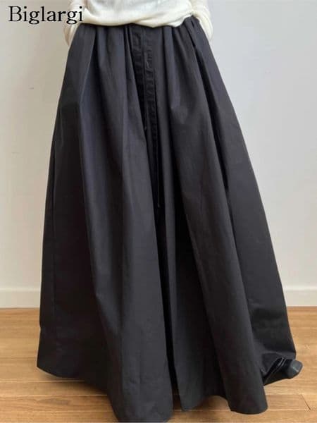 Oversized Summer ALine Long Skirt Women Ruffle Pleated Loose Casual Fashion Ladies Skirts Elastic High Waist Woman 260109