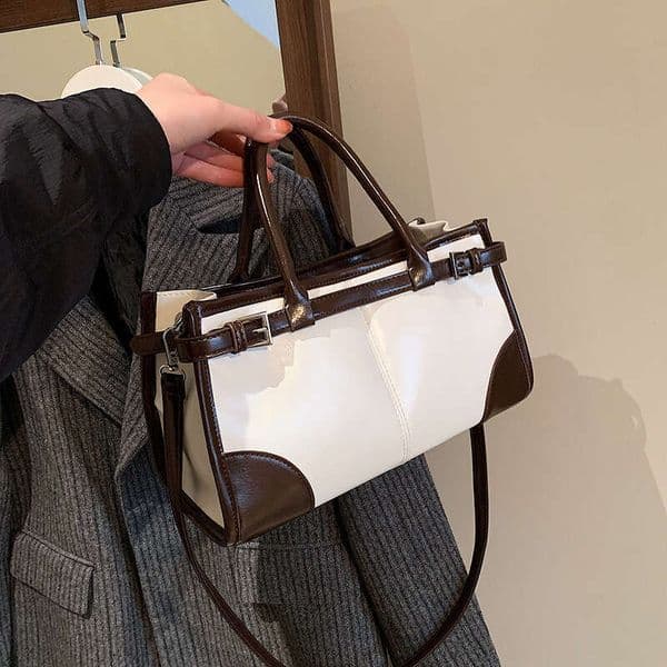 New Handheld Commuter Underarm Fashionable Stylish Color-Block Women's Single Shoulder Oil Wax Leather Vintage Large Capacity Bag