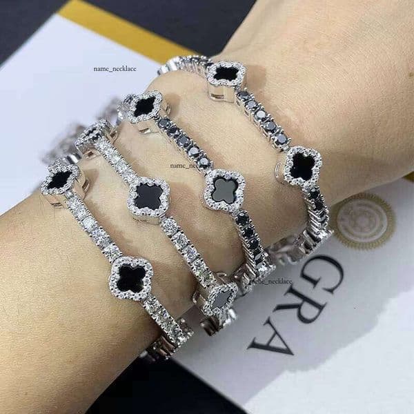 VVS Moissanite Premium 925 Silver Hip-Hop Tennis Clover 3mm Diatomaceous Earth Chain Passed 14K Testing Fashion Jewelry Bracelet