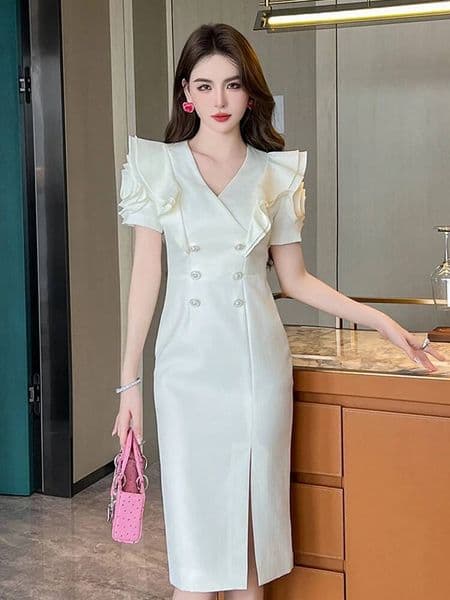Bestseller New Summer Fashion Elegant Office Formal Occasion Pencil Dress Women Clothes Commute Ruffle Puff Sleeve V-Neck Slim Midi Vestido ddmytues