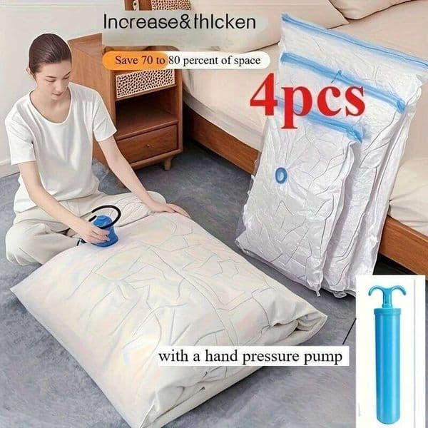 4pcs space saving vacuum bag with hand pump oversized compressed clothing, blankets, bedding bags - travel storage 26N0109