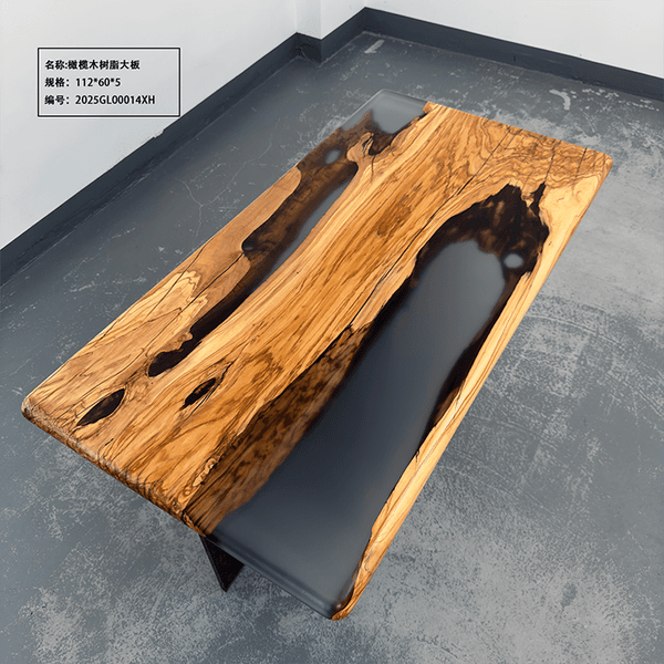 Olive wood epoxy resin large board table, matte, transparent resin, straight edge, inverted
