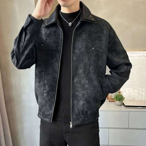 Autumn Man Leather Jacket Vintage Punk Contrast Color Patchwork Turn Down Collar Male Coat Long Sleeve Windproof Men Outerwear W260110