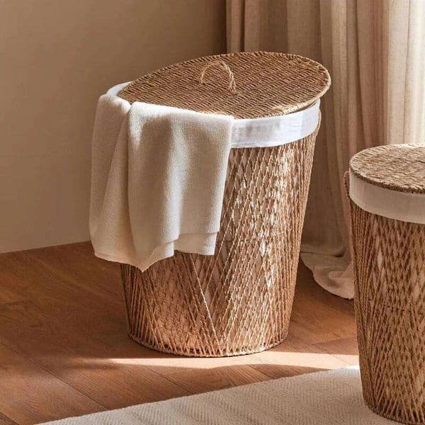 Japanese Style Rattan Laundry Hamper with Lid - Breathable Dustproof Dirty Clothes Basket for Bathroom,Laundry Room Storage 26H0110