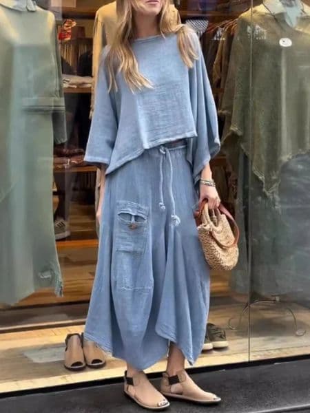 2024 Autumn Fashion Womens Cotton and Linen Loose Skirt Twopiece Set Solid Color Irregular Top Waist Pocket 251231