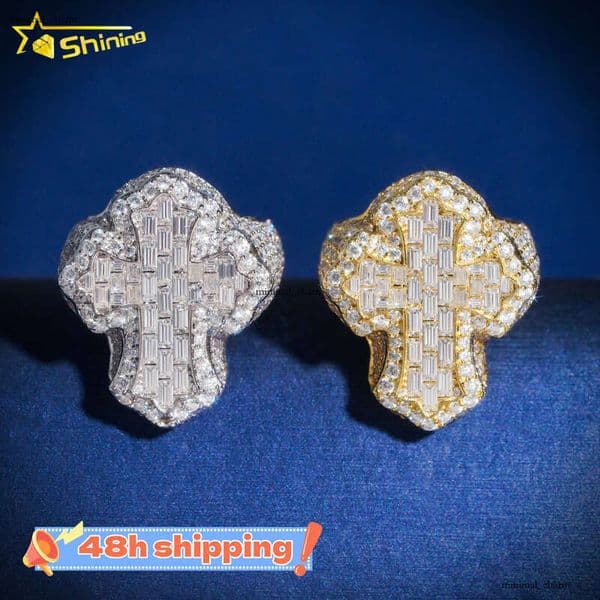 Hip Hop Fashion Iced Out VVS Moissanite Cross Engagement 925 Sterling Silver Men's Diamond Ring