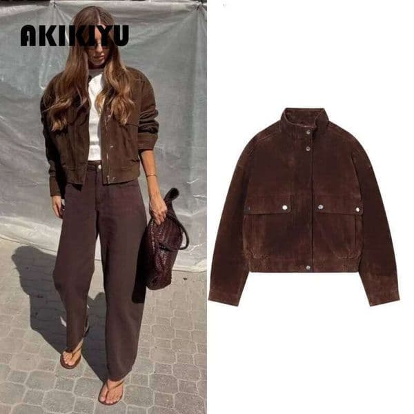 2026 Women Faux Suede Jacket Stand Collar Long Sleeve Decorative Pocket Elastic Hem Casual Chic Autumn Coat AKIKIYU