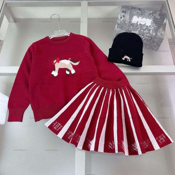 New girls dress embroidery Horse pattern baby knitted suit child overskirt kids designer clothes Knitted hoodie and Knitted skirt A088X03N305