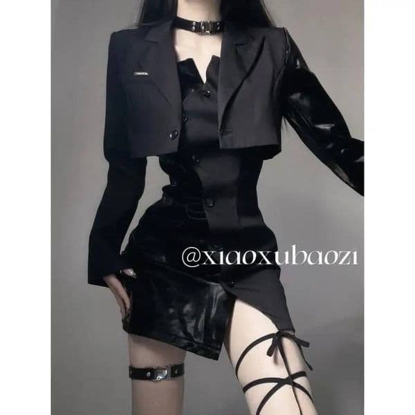 Bestseller Autumn Korean Fashion Cool Punk Women's Suit Leather Jacket Y2k Design 2 Piece Set Slimming High Street Outfits Woman Clothing ddmytues