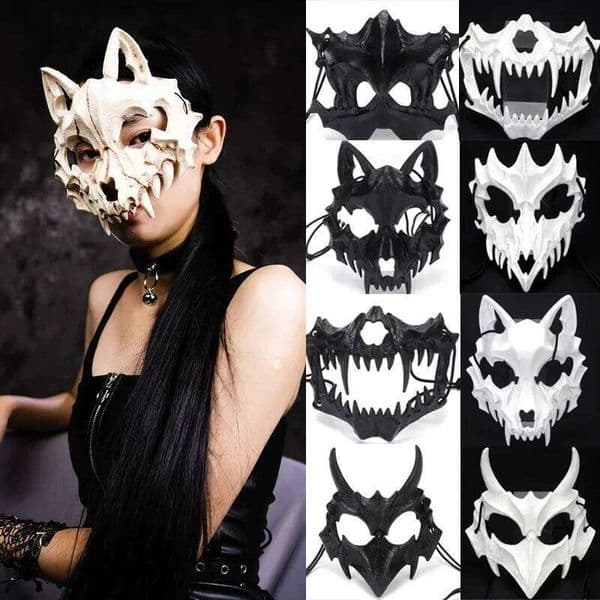 Halloween Half-face Cos Dragon God Fierce Tiger Night Fork Tengu Man Wolf Mask Performance Skull Masks 26H0110