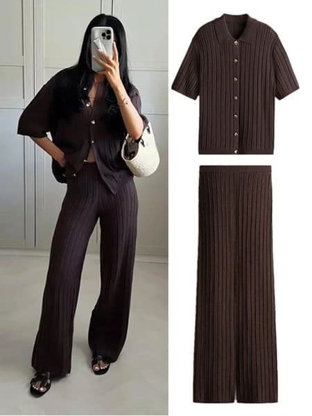 Knitted Pants Set Women Solid Turn Down Collar Half Sleeve Tops Elastic Waist Straight Trousers 2026 Spring Chic Lady Outfits 260109
