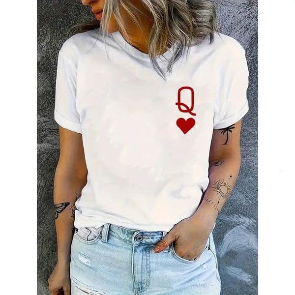 Ladies Fashion Trend Heartshaped Letter Q Print Round Neck Short Sleeved Simple Casual Cotton Sports Womens Loose Top 260109BJ