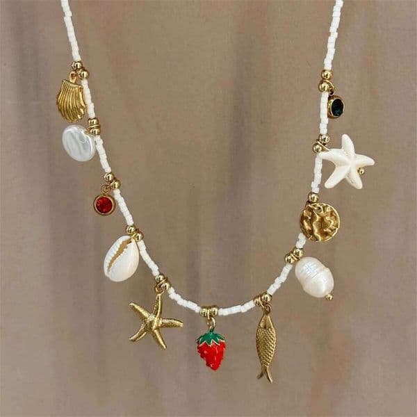 Bohemian Beach Shell Imitation Pearl Sea Star Conch Pendant Necklace Jewelry Gold Plated Color Preserved XJ260110