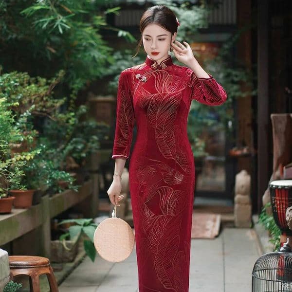 Bestseller Plus Size Red Black Velvet Cheongsam Women Vintage Party Wedding Dress Long Sleeve Winter Traditional Qipao M To 5XL ddmytues