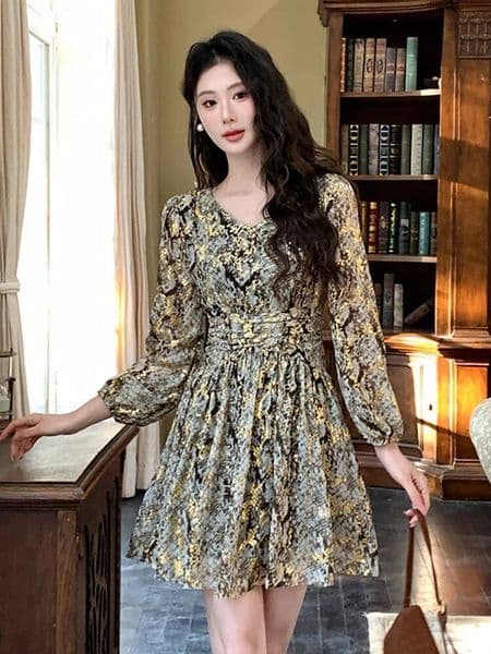 Bestseller French Fashionable Mini Dress Women Vintage Print Long Sleeve Pleated Ball Gown Lady Coffee Break Street Vestido Holiday Clothes ddmytues