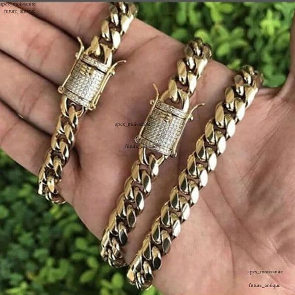 Mens 18K Gold Tone 316L Stainless Steel Necklace Curb Cuban Link Chain with Diamonds Clasp Lock 8mm/10mm/12mm/14mm/16mm/18m