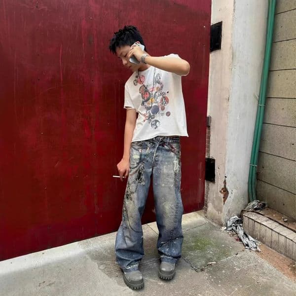 2025 Mens 3D Chain Printed Baggy Jeans Autumn Casual Baggy Straight Denim Pants Women High Street Blue Wide-leg Y2K Jean 260109BJ