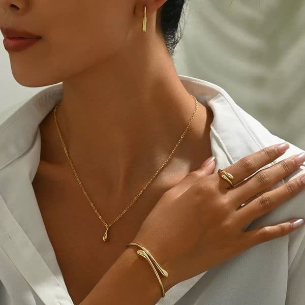 Cross-Border Liquid Water Drop Pendant Necklace Free shipping Bracelet Ring Earrings Metal Style Summer Fashion Jewelry Set Combination