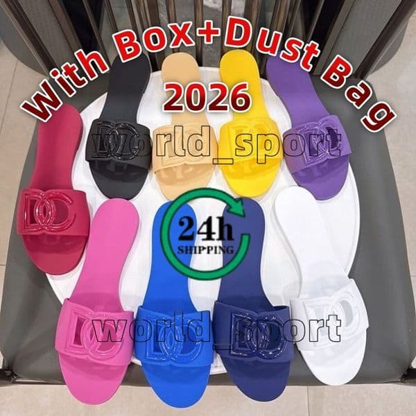 With Box 2026 Designer Sandals Women Interlocking Slides Rubber Slippers Ladies Flat Beach Jelly Script Blue Summer Fall Mules Outdoor Waterproof Luxury Size 36-42