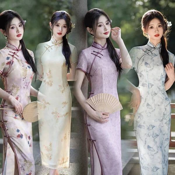 Bestseller 6 Colors Elegant Long Cheongsam Summer Short Sleeve Plus Size Vintage Dress Slim Women Chiffon Lined Improved Qipao M To 4XL ddmytues