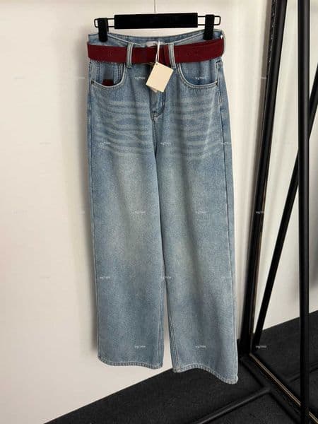 Top women jeans high quality girls pants designer clothes women velvet embroidered washed denim pants with belt A208X05N000