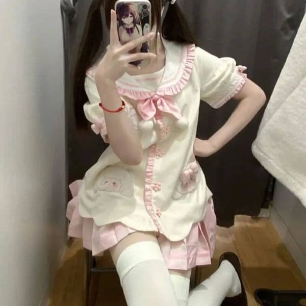 Bestseller Japanese Pink White Cute Skirt Women with Bow Pom-Pom Detail and Animal Print Sweet Spring Set for Casual Wear 2025 ddmytues
