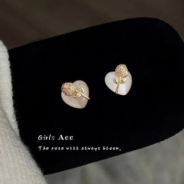Wholesale 925 Silver Rose Flower Earrings Cubic Zirconia Glass Cat Eye Stone Heart Shape Korean Style Dainty Ear Studs Jewelry 260107